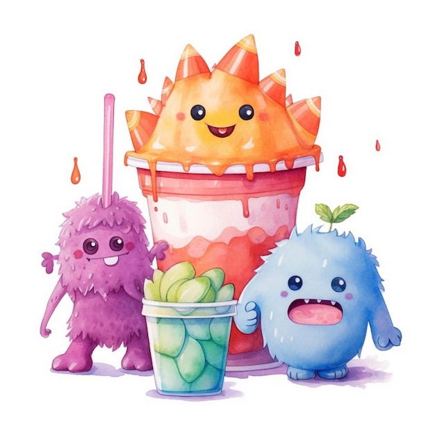 A watercolor illustration of a monster drink with a bucket of ice cream.