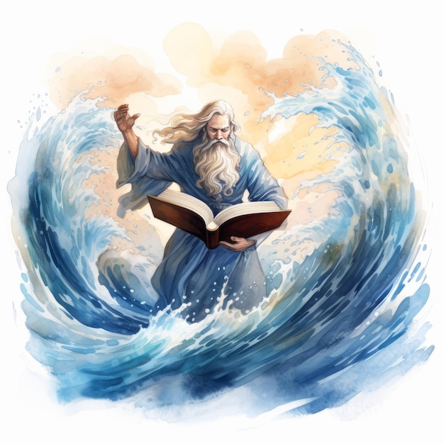 Акварельная иллюстрация Моисея, разделяющего воду Моисея с книгой в руках