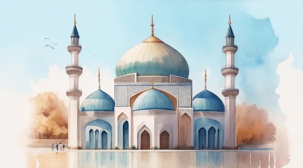 Watercolor illustration of mosque by Generative AI