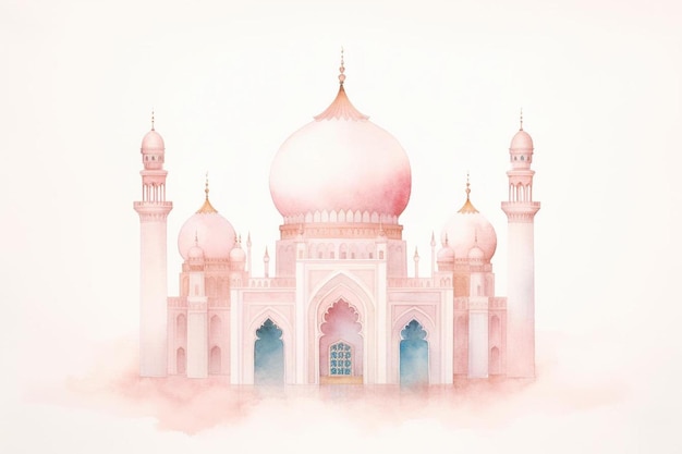 акварельная иллюстрация мечети в розовом и синем цветах.