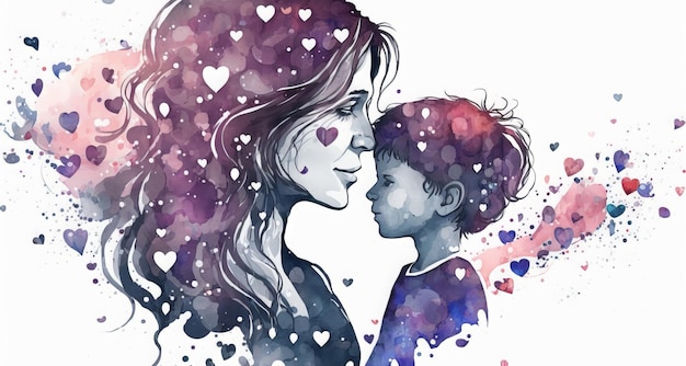 Watercolor illustration of mother and daughter or son surrounded by hearts