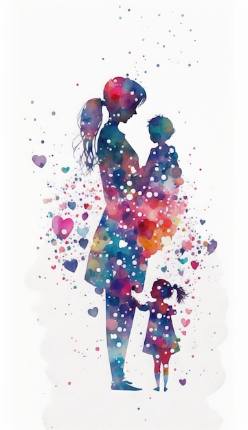 Watercolor illustration of mother and daughter or son surrounded by hearts