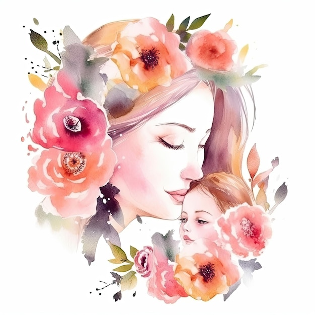 Watercolor illustration of a mother and her child for Mother's Day