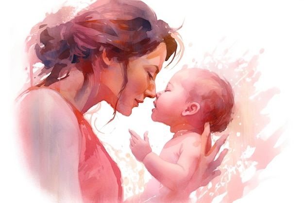 新生児を抱く母親の水彩イラスト