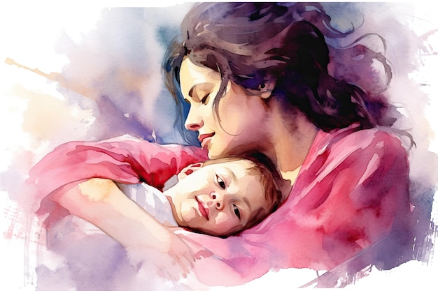 Watercolor illustration of mother holding newborn