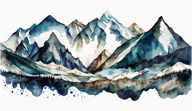 Watercolor Illustration of Mountain range Bluehued Generative AI