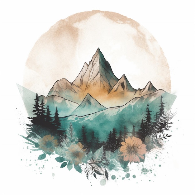 Watercolor illustration of mountains and a mountain