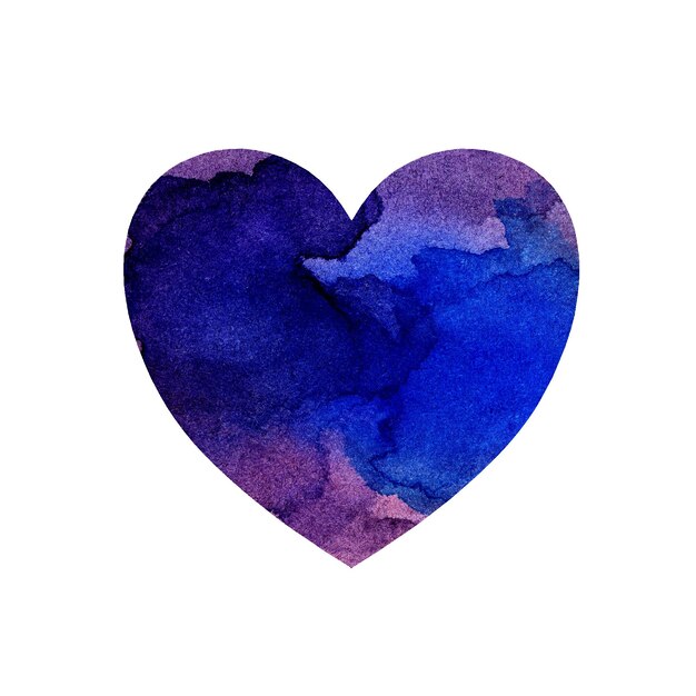 Watercolor illustration of a multicolored heart with spots and shades of lilac and blue paint