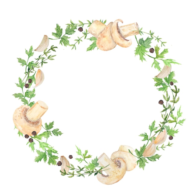Акварельная иллюстрация грибного супа Шампиньоны Ботаническая иллюстрация Еда Картина Рамка