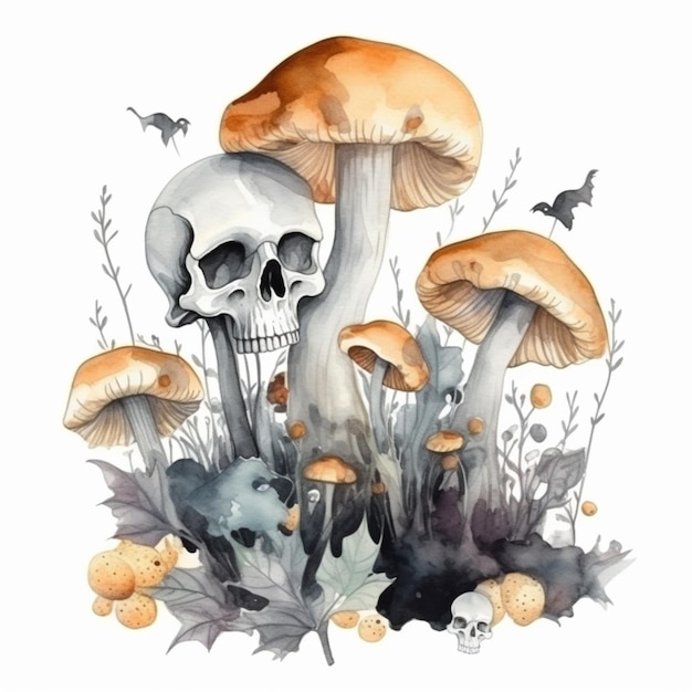 A watercolor illustration of a mushroom with a skull and leaves.