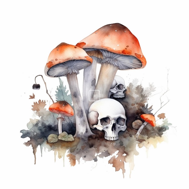 Watercolor illustration of a mushroom with a skull and mushrooms