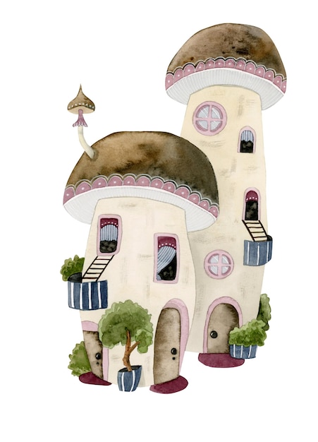 Watercolor illustration Mushrooms houses with windows and balconies, nursery decor, boys girls room