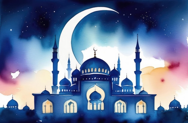 watercolor illustration of Muslim mosque at night celebration of traditional Islamic Ramadan Kareem