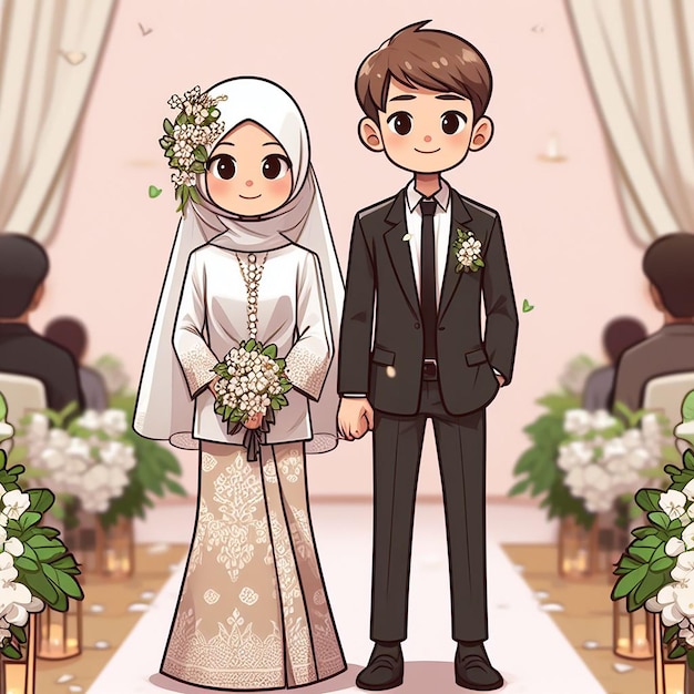 watercolor illustration of a Muslim wedding couple in white costumes