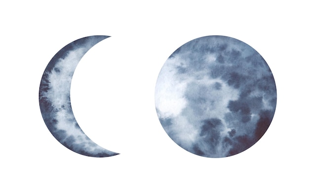 Watercolor illustration of a new moon and a full moon isolated on a white background