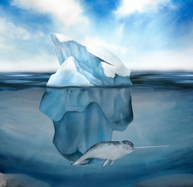 Watercolor illustration of north sea landscape and underwater world narwhal blue sky iceberg