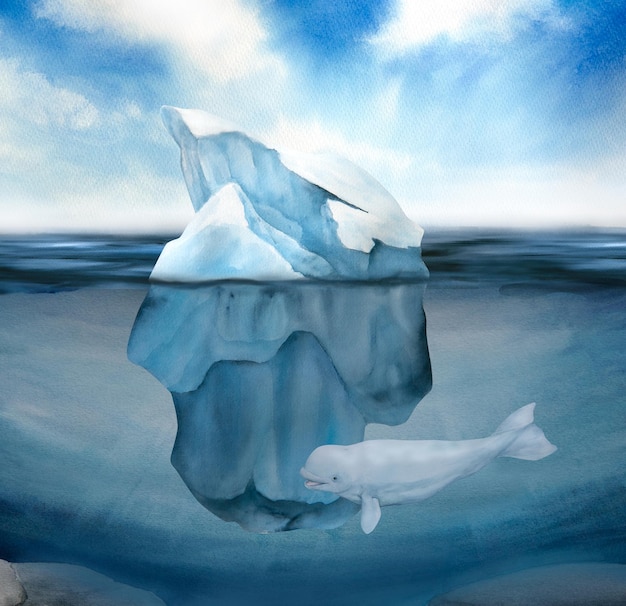 Акварельная иллюстрация пейзажа северного моря и подводного мира белый кит голубое небо айсберг