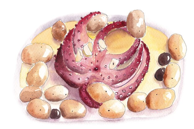 Watercolor illustration octopus with potato and olives