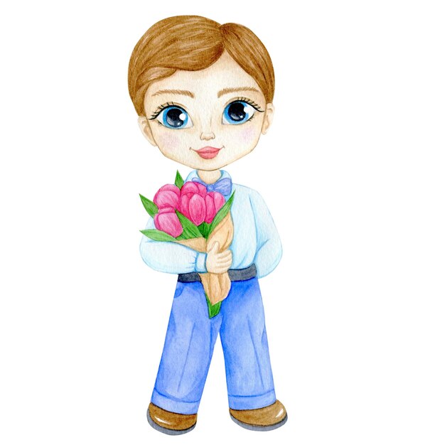 사진 꽃을 든 남학생의 수채화 그림