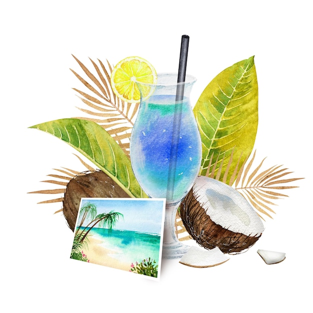 Фото Акварельная иллюстрация коктейля с кокосовыми зелеными пальмовыми листьями и фотографией тропиков тропический экзотический освежающий напиток
