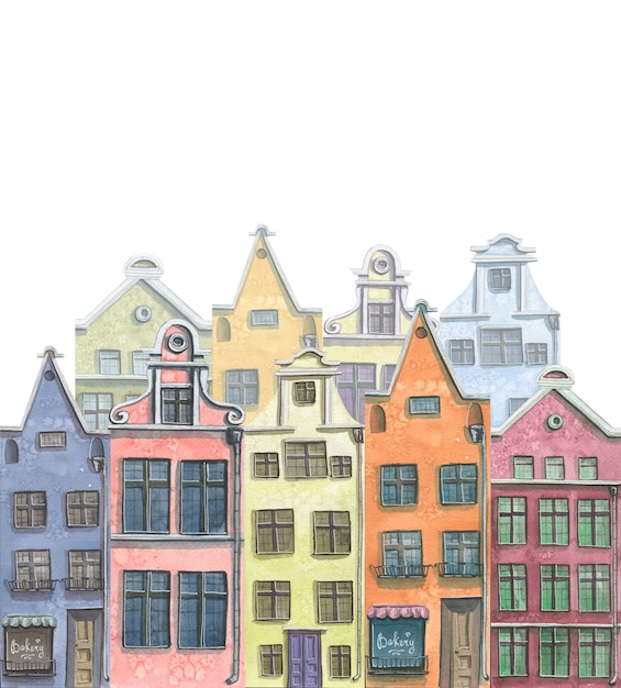 Фото Акварельная иллюстрация композиции милых старых городских домов