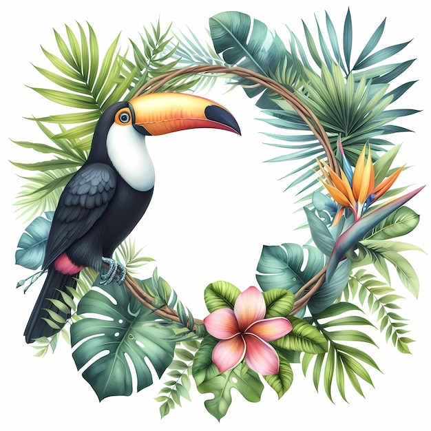 Фото Акварельная иллюстрация рамки с тропическими растениями и туканом пригласительная карточка поздравительная карточка