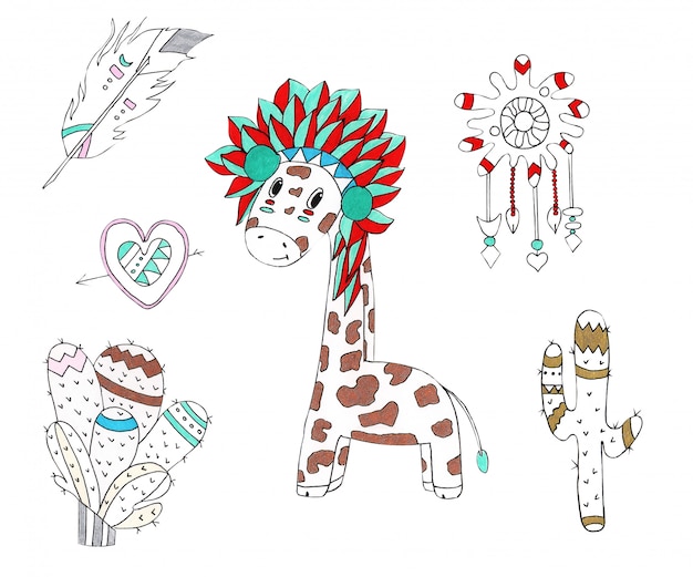 Фото Акварельные иллюстрации жирафа в родном стиле