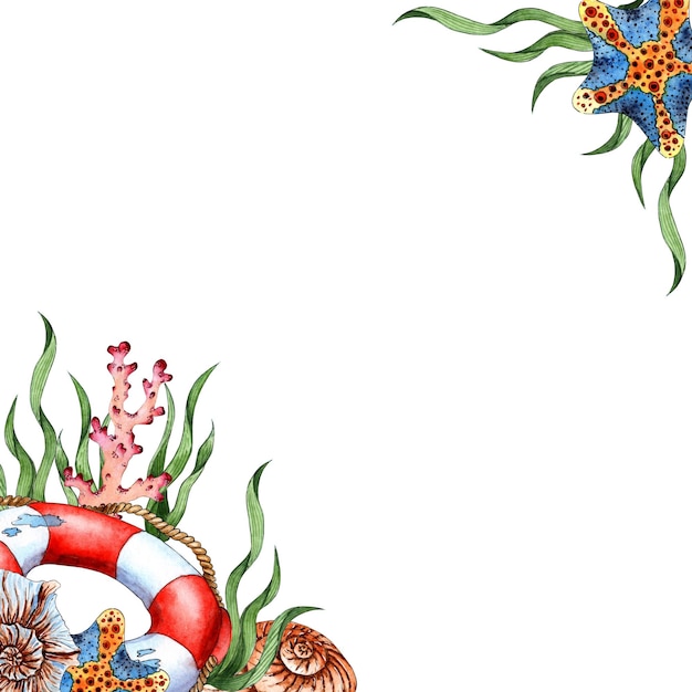 Фото Акварельная иллюстрация рамы спасательного буя морские ракушки коралловые водоросли звезды и рыбы композиция для плакатов открыток баннеров флаеров обложек плакатов и других печатных изделий