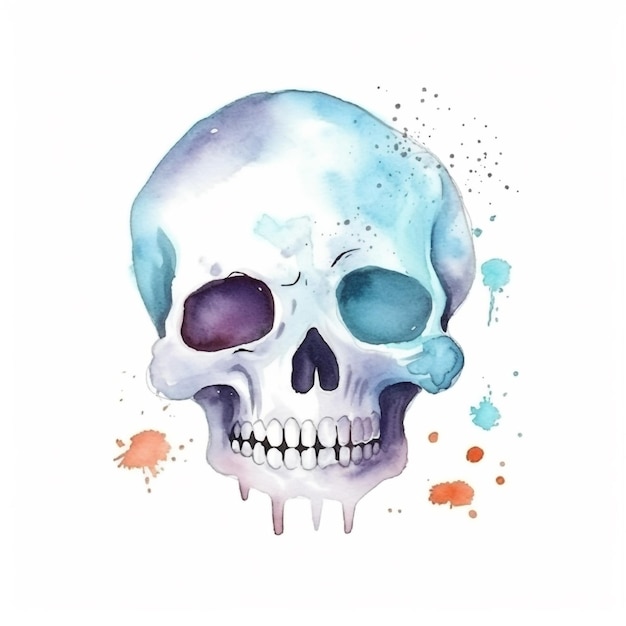 사진 파란색과 보라색 색상으로 두개골의 수채화 그림.