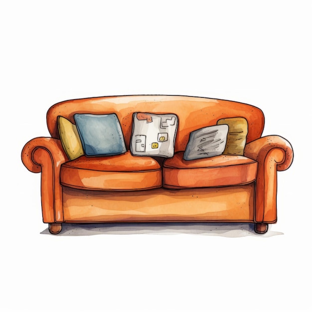 写真 遊び心のある枕を持つオレンジ色のソファの水彩画