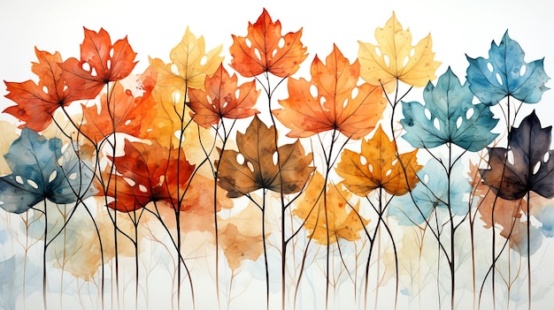 写真 秋の葉を木の枝に描いた水彩画 広いバナー背景 aiが生成した