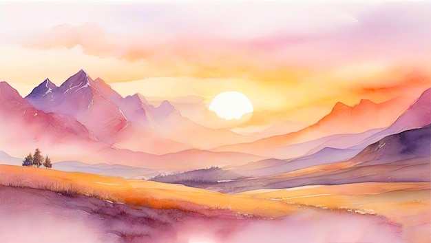 Фото Акварельная иллюстрация красивого спокойного пейзажа живописная картина природы