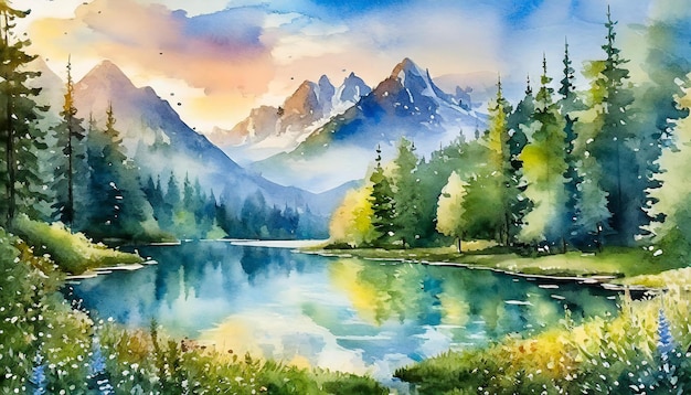 Фото Акварельная иллюстрация красивого летнего пейзажа с озерами, горами, зеленым лесом на солнечном свете