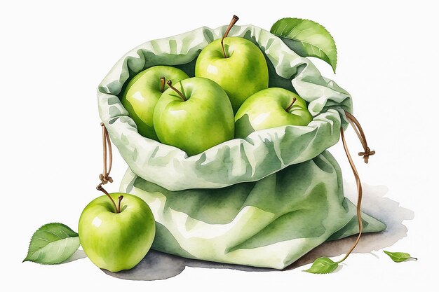 Фото Акварельная иллюстрация зеленых яблок в хлопковом мешке