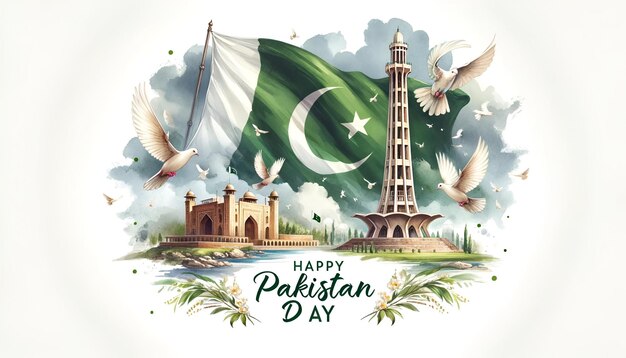 写真 パキスタン記念日の祝賀カードの水彩画