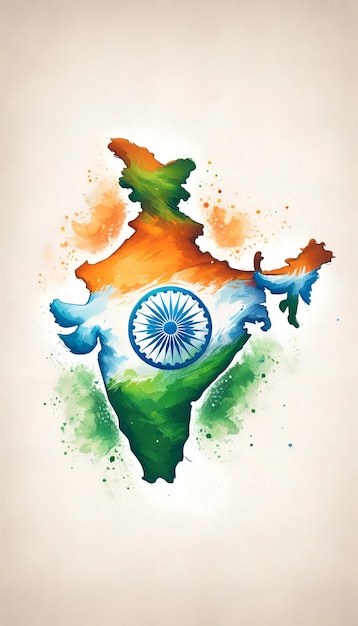 사진 지도 에 있는 인도 국기 의 수채화 일러스트레이션