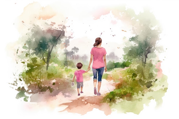 写真 息子を抱く母親の水彩イラスト 家族概念の愛のシンボル