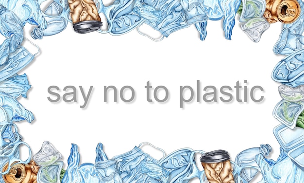 Фото Акварельная иллюстрация прямоугольной рамы пластикового мусора, изолированной на белом полиэтиленовом отходе, граница для плакатов экологии, защиты окружающей среды, спасения океана, плакатов дня земли, веб-баннеров