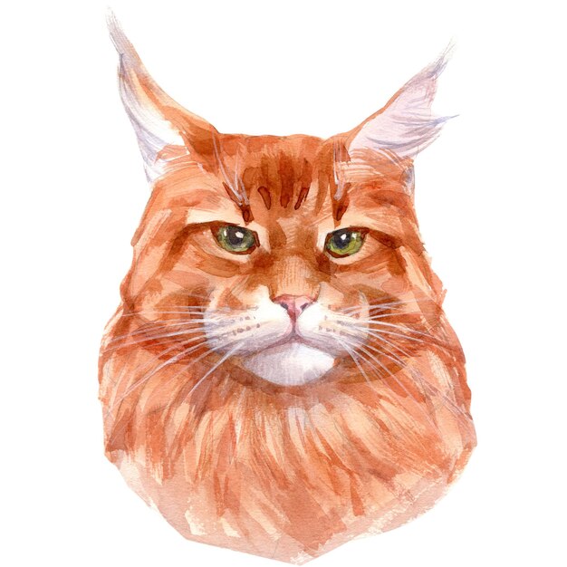 Фото Акварельная иллюстрация портрета красной кошки, изолированной на белом