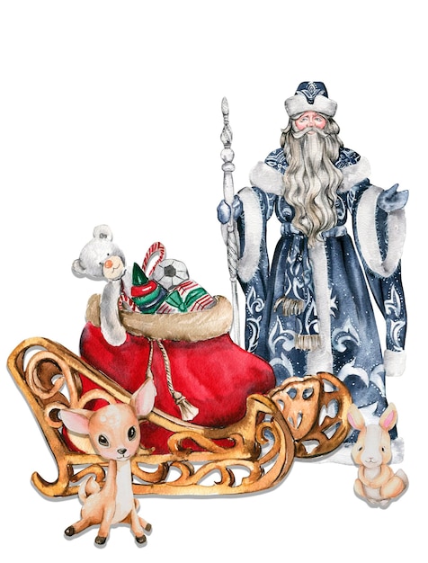 写真 青いコートを着たクリスマススティックを持つサンタクロースの水彩イラスト