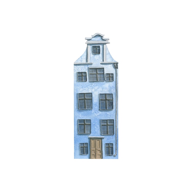 Фото Акварельная иллюстрация дома старого европейского города изолированный синий для украшения