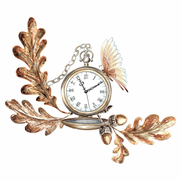 Акварельная иллюстрация старые карманные часы на цепочке с бабочкой и осенними дубовыми листьями с желудями