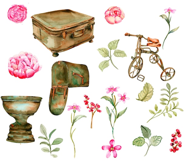 Photo watercolor illustration of old rusty green elements with pink roses