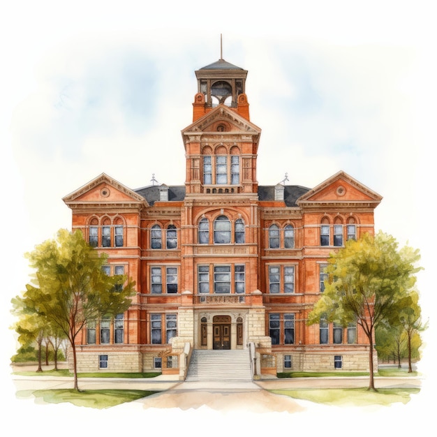 Watercolor illustration of the old school building on a white background