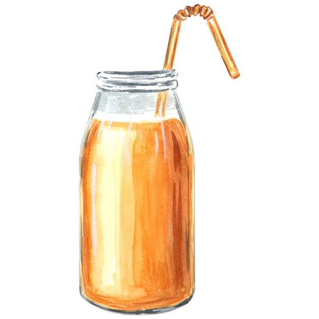 Watercolor illustration of orange bottle with juice