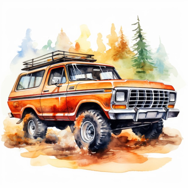 Watercolor Illustration of Orange Ford Bronco in the Woods