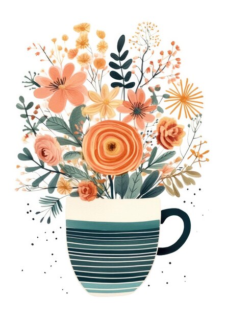 Photo watercolor illustration of an orange tea cup filled with flowers
