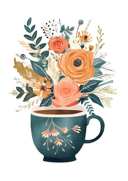 Photo watercolor illustration of an orange tea cup filled with flowers