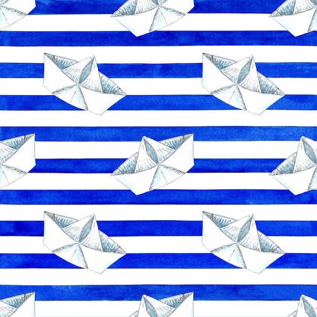 Watercolor illustration of origami paper boat pattern on blue\
striped background seamless repeating