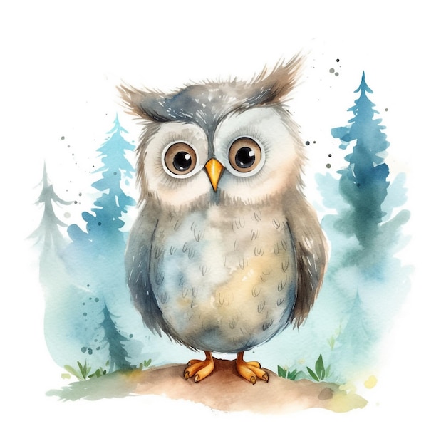 Watercolor illustration of a owl with a blue background